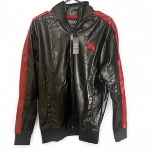 Kangol Black and Red Lightweight Full Zip Leather Jacket - Small
